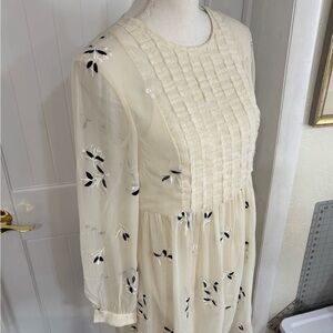 Ivory Pleated Yoke Floral Long-Sleeve Women's Dress